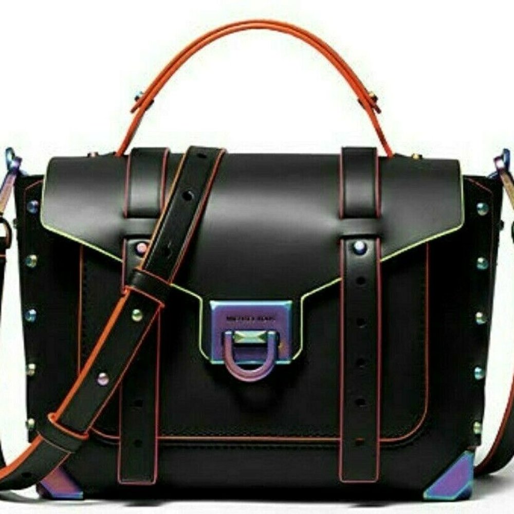MICHAEL KORS MANHATTAN MEDIUM BLACK NEON CROSSBODY SCHOOL SATCHEL BAG NWT!